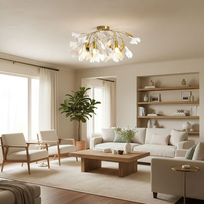 Keramische Hanglamp Ginkgo-Blad – Goudkleurige Armatuur met Witte Bladeren – Modern Natuurgeïnspireerd Design voor Woonkamer Eetkamer Slaapkamer