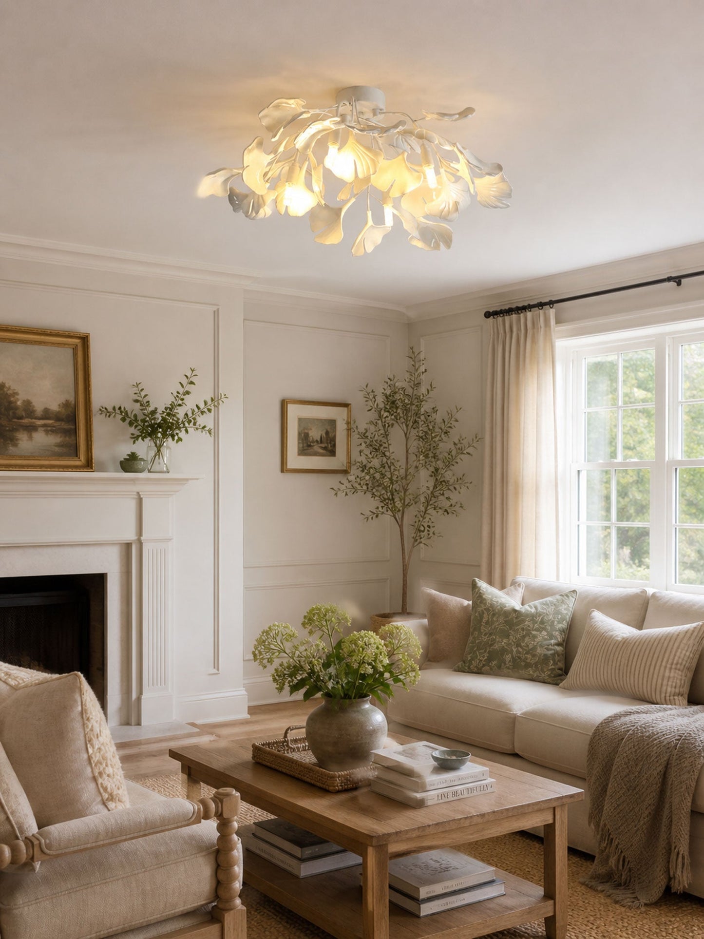 Keramische Hanglamp Ginkgo-Blad – Goudkleurige Armatuur met Witte Bladeren – Modern Natuurgeïnspireerd Design voor Woonkamer Eetkamer Slaapkamer
