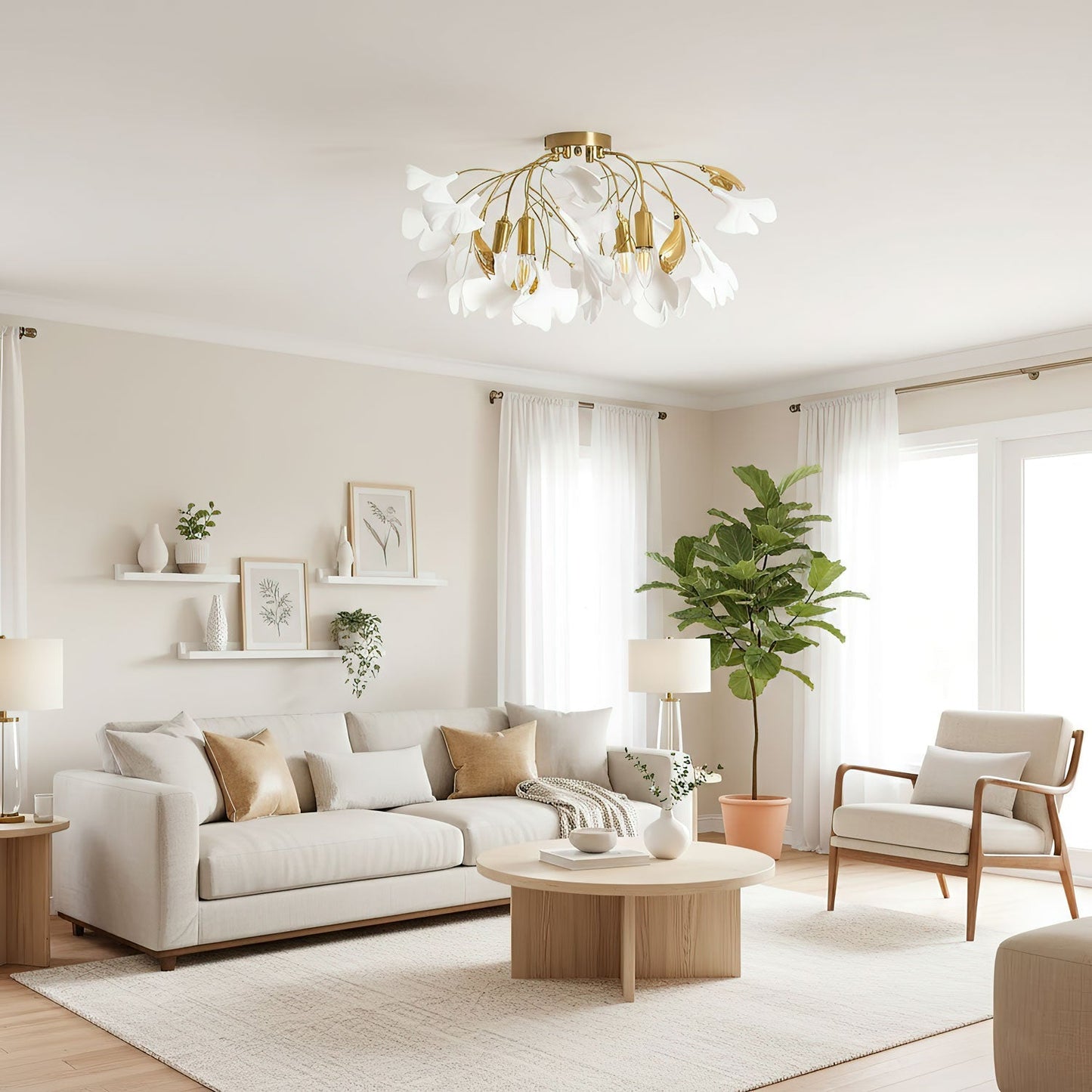 Keramische Hanglamp Ginkgo-Blad – Goudkleurige Armatuur met Witte Bladeren – Modern Natuurgeïnspireerd Design voor Woonkamer Eetkamer Slaapkamer