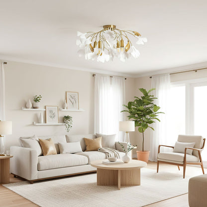 Keramische Hanglamp Ginkgo-Blad – Goudkleurige Armatuur met Witte Bladeren – Modern Natuurgeïnspireerd Design voor Woonkamer Eetkamer Slaapkamer