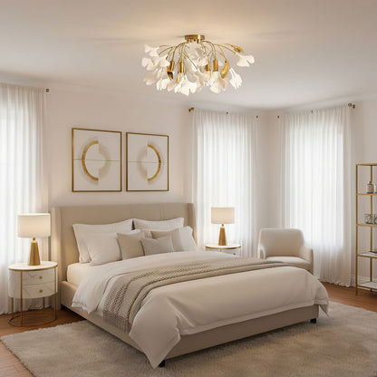 Keramische Hanglamp Ginkgo-Blad – Goudkleurige Armatuur met Witte Bladeren – Modern Natuurgeïnspireerd Design voor Woonkamer Eetkamer Slaapkamer