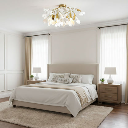 Keramische Hanglamp Ginkgo-Blad – Goudkleurige Armatuur met Witte Bladeren – Modern Natuurgeïnspireerd Design voor Woonkamer Eetkamer Slaapkamer