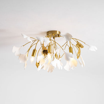 Keramische Hanglamp Ginkgo-Blad – Goudkleurige Armatuur met Witte Bladeren – Modern Natuurgeïnspireerd Design voor Woonkamer Eetkamer Slaapkamer