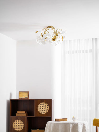 Keramische Hanglamp Ginkgo-Blad – Goudkleurige Armatuur met Witte Bladeren – Modern Natuurgeïnspireerd Design voor Woonkamer Eetkamer Slaapkamer