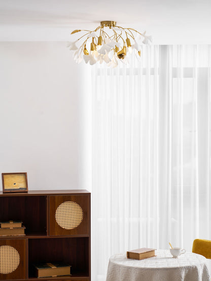 Keramische Hanglamp Ginkgo-Blad – Goudkleurige Armatuur met Witte Bladeren – Modern Natuurgeïnspireerd Design voor Woonkamer Eetkamer Slaapkamer