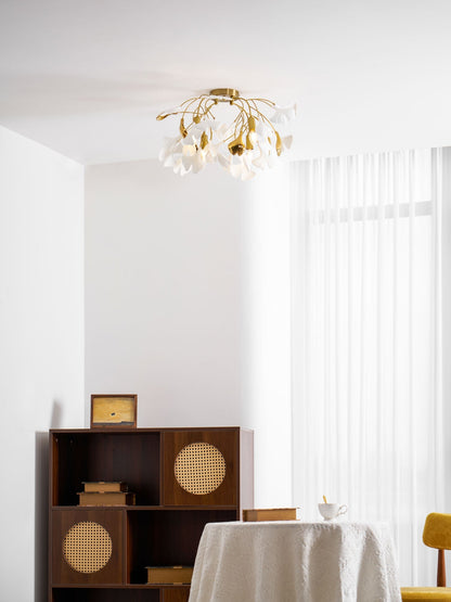 Keramische Hanglamp Ginkgo-Blad – Goudkleurige Armatuur met Witte Bladeren – Modern Natuurgeïnspireerd Design voor Woonkamer Eetkamer Slaapkamer