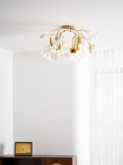 Keramische Hanglamp Ginkgo-Blad – Goudkleurige Armatuur met Witte Bladeren – Modern Natuurgeïnspireerd Design voor Woonkamer Eetkamer Slaapkamer