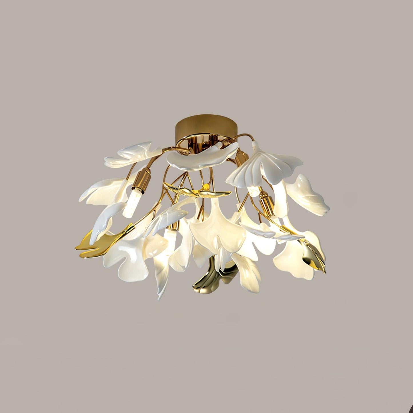 Keramische Hanglamp Ginkgo-Blad – Goudkleurige Armatuur met Witte Bladeren – Modern Natuurgeïnspireerd Design voor Woonkamer Eetkamer Slaapkamer