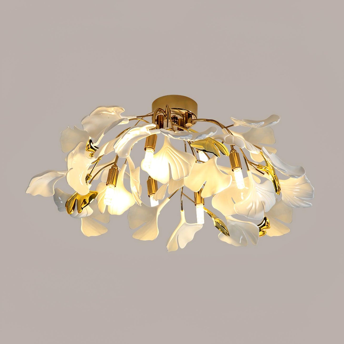 Keramische Hanglamp Ginkgo-Blad – Goudkleurige Armatuur met Witte Bladeren – Modern Natuurgeïnspireerd Design voor Woonkamer Eetkamer Slaapkamer