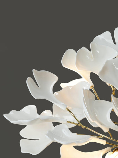 Keramische Hanglamp Ginkgo-Blad – Goudkleurige Armatuur met Witte Bladeren – Modern Natuurgeïnspireerd Design voor Woonkamer Eetkamer Slaapkamer