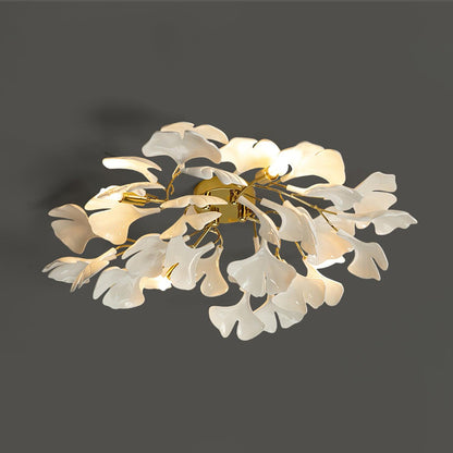 Keramische Hanglamp Ginkgo-Blad – Goudkleurige Armatuur met Witte Bladeren – Modern Natuurgeïnspireerd Design voor Woonkamer Eetkamer Slaapkamer