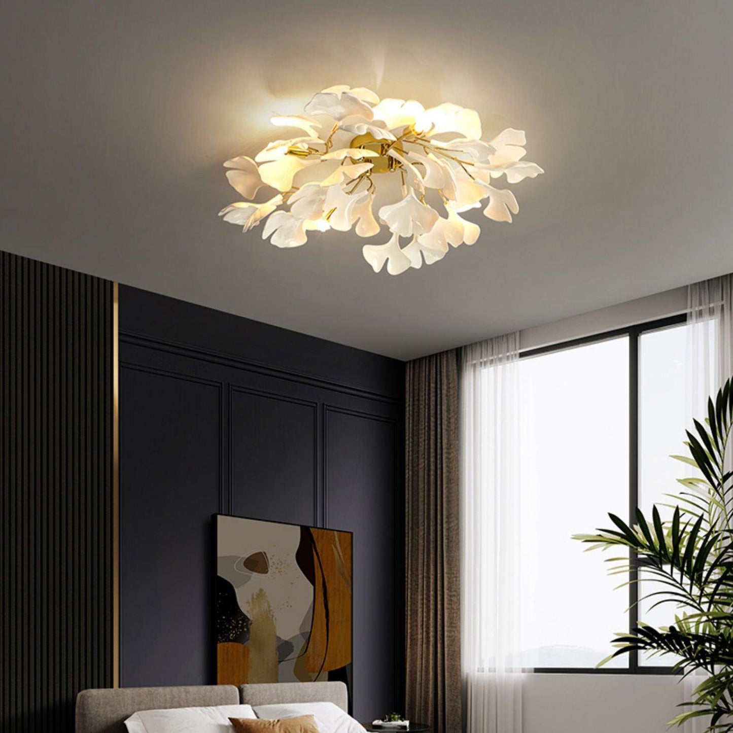 Keramische Hanglamp Ginkgo-Blad – Goudkleurige Armatuur met Witte Bladeren – Modern Natuurgeïnspireerd Design voor Woonkamer Eetkamer Slaapkamer