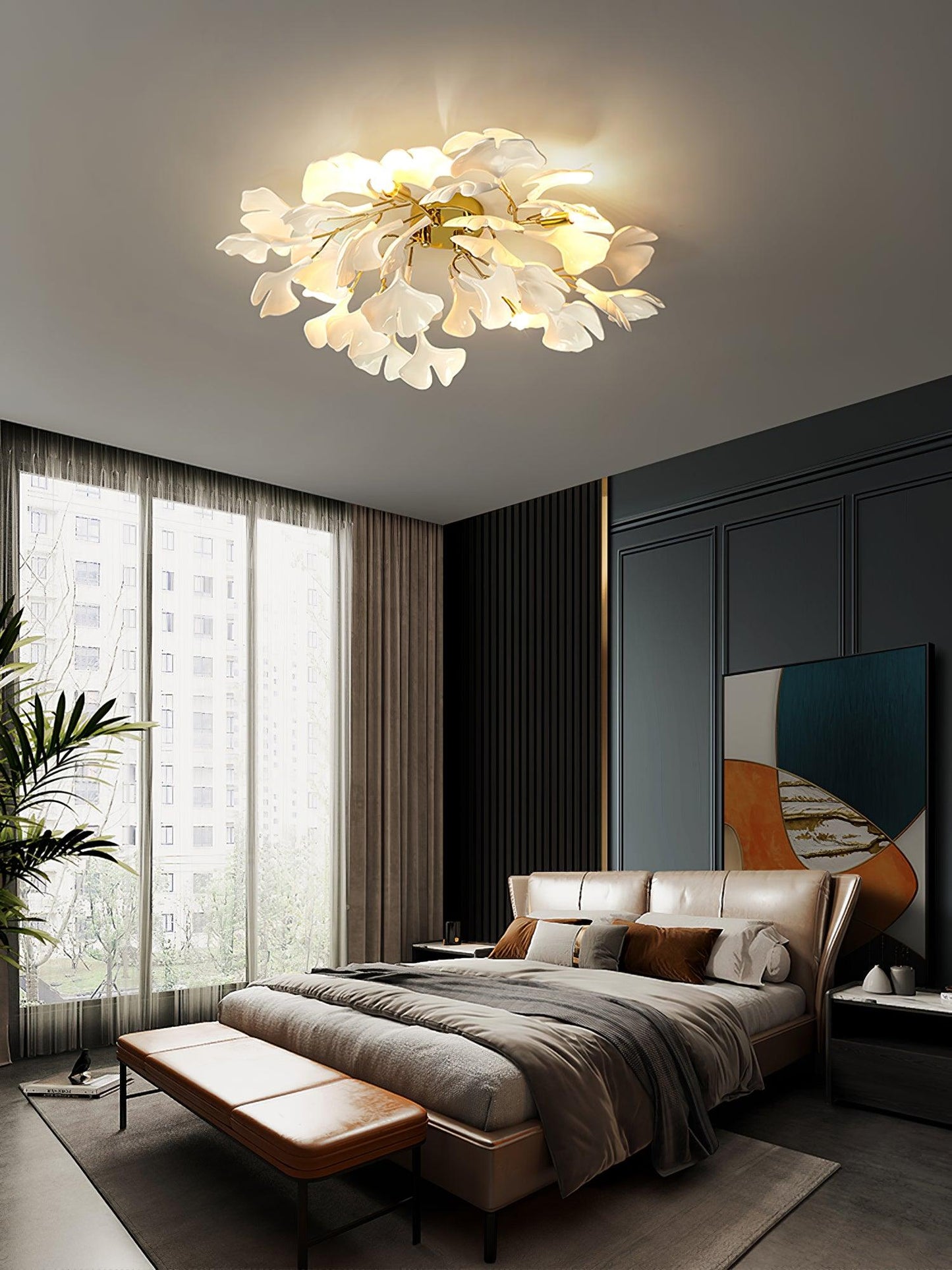 Keramische Hanglamp Ginkgo-Blad – Goudkleurige Armatuur met Witte Bladeren – Modern Natuurgeïnspireerd Design voor Woonkamer Eetkamer Slaapkamer