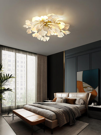 Keramische Hanglamp Ginkgo-Blad – Goudkleurige Armatuur met Witte Bladeren – Modern Natuurgeïnspireerd Design voor Woonkamer Eetkamer Slaapkamer