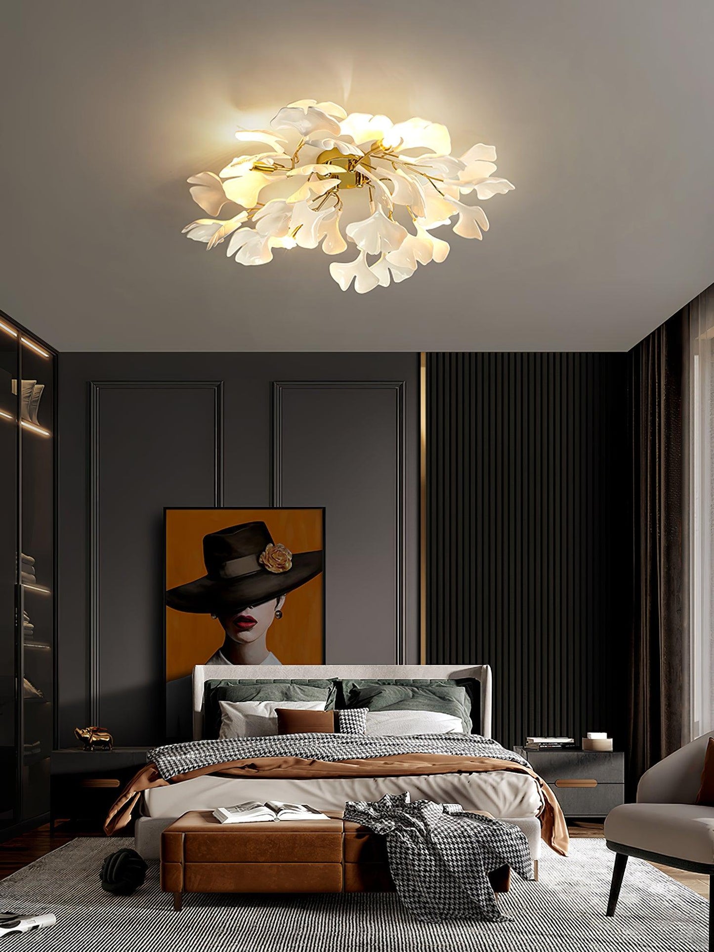 Keramische Hanglamp Ginkgo-Blad – Goudkleurige Armatuur met Witte Bladeren – Modern Natuurgeïnspireerd Design voor Woonkamer Eetkamer Slaapkamer