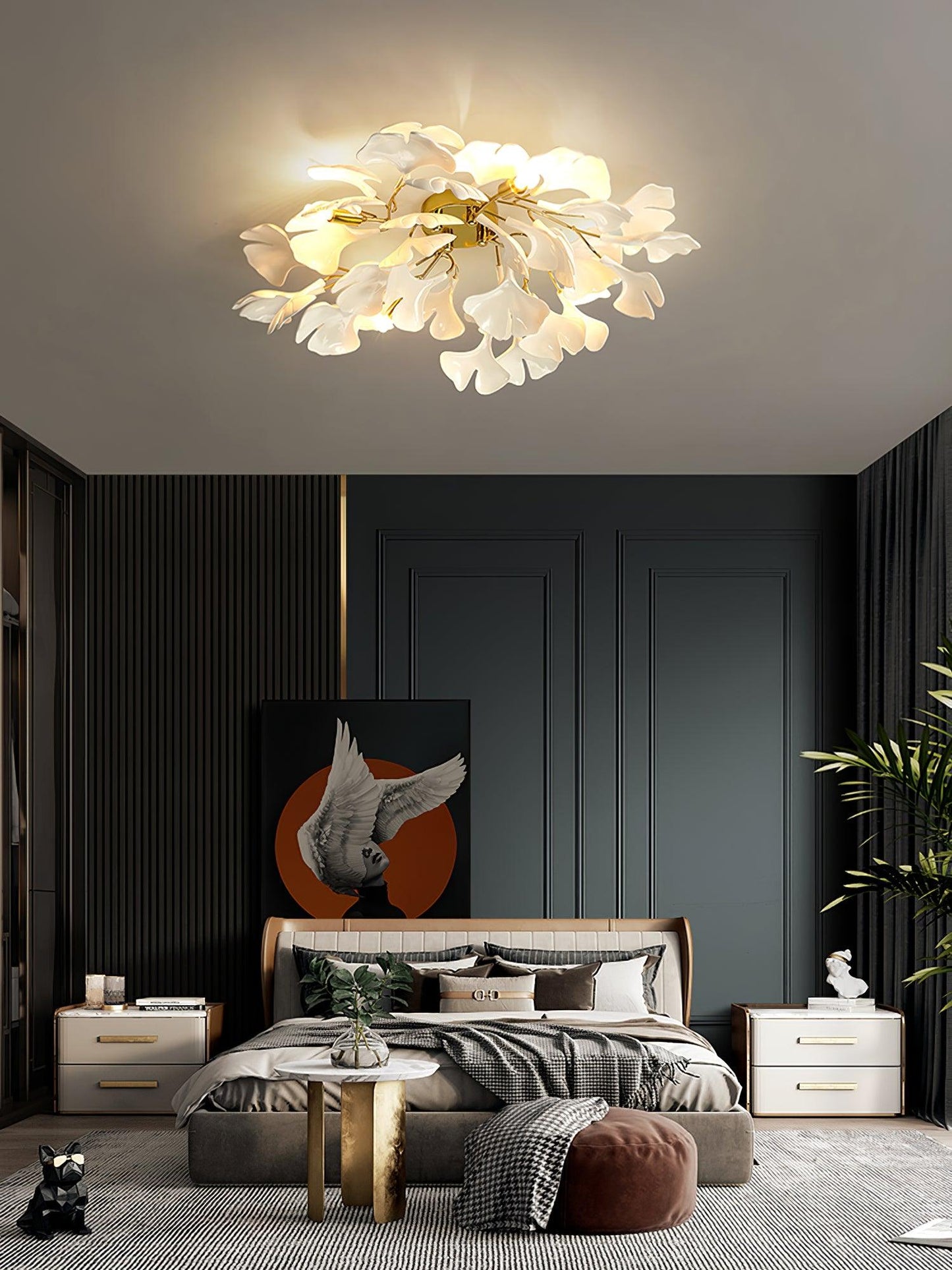 Keramische Hanglamp Ginkgo-Blad – Goudkleurige Armatuur met Witte Bladeren – Modern Natuurgeïnspireerd Design voor Woonkamer Eetkamer Slaapkamer