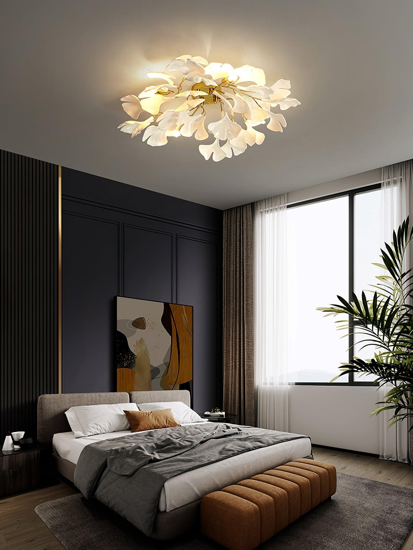 Keramische Hanglamp Ginkgo-Blad – Goudkleurige Armatuur met Witte Bladeren – Modern Natuurgeïnspireerd Design voor Woonkamer Eetkamer Slaapkamer