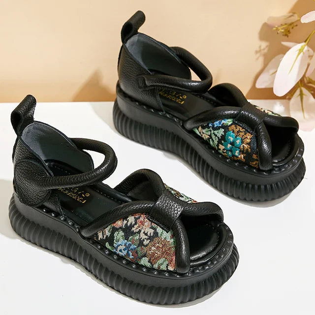 Leren Sandalen Retro Stijl met Dikke Zolen