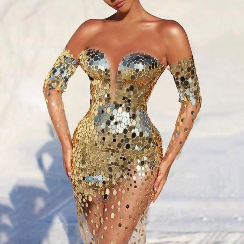 Glamour Dames Feestjurk | Pailletten, Diepe Halslijn 3