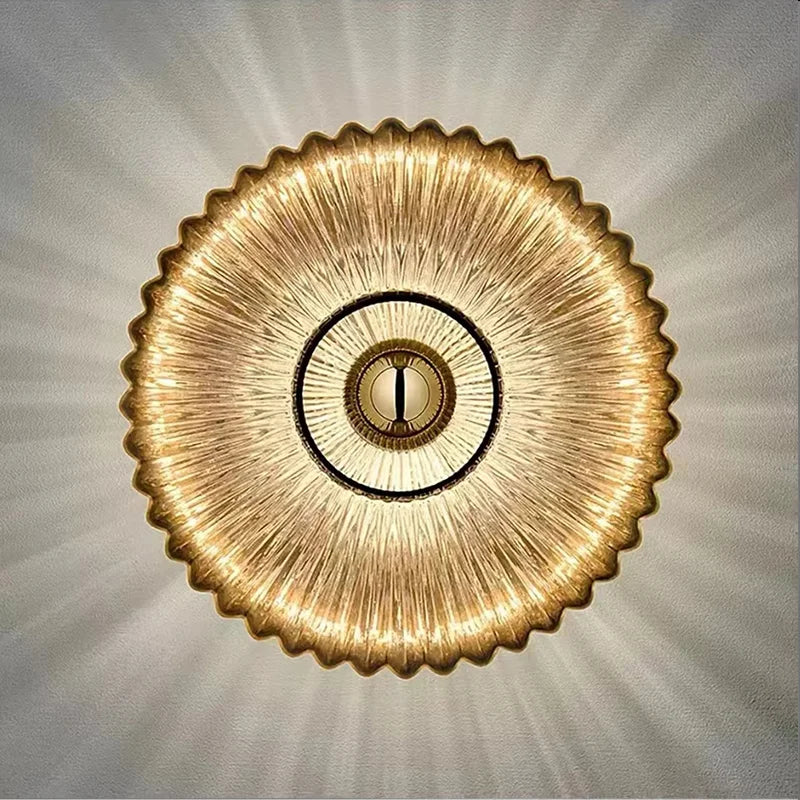 Ronde Glazen Wandlamp Geribbeld Schelp Design Goud Amber Woonkamer