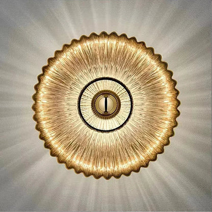 Ronde Glazen Wandlamp Geribbeld Schelp Design Goud Amber Woonkamer