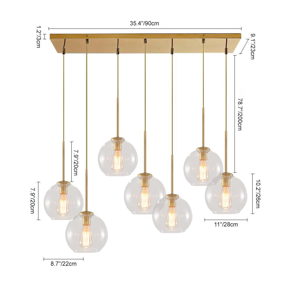 Glazen Bollen Hanglamp Keukeneiland 7 Lichts Messing Zwart 90cm Cluster Eetkamer Woonkamer Rechthoekig Verstelbaar E26 Mid-Century