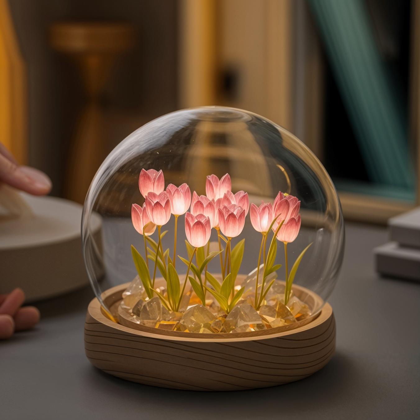 LED Tulpenlamp met Glazen Stolp en Warm Licht voor Sfeervolle Woonkamer Decoratie 10cm
