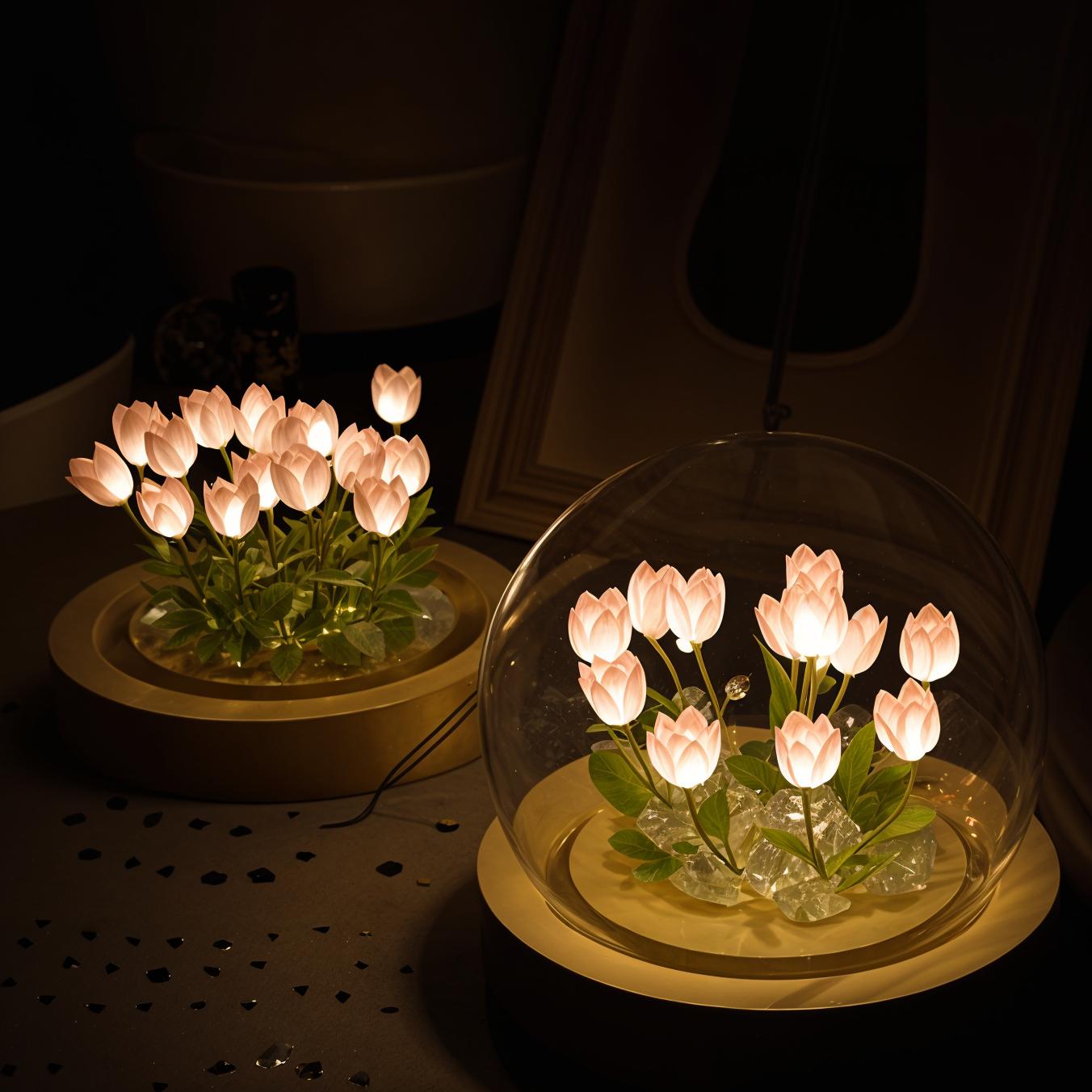 LED Tafellamp met Tulpen onder Glazen Stolp – Dimbaar Warm Wit Nachtlampje voor Slaapkamer en Woonkamer