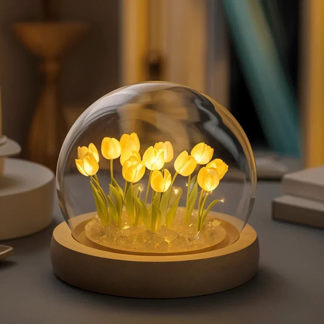 LED Tulpenlamp met Glazen Stolp en Warm Licht voor Sfeervolle Woonkamer Decoratie 10cm
