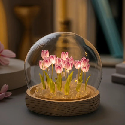 LED Tafellamp met Tulpen onder Glazen Stolp – Dimbaar Warm Wit Nachtlampje voor Slaapkamer en Woonkamer
