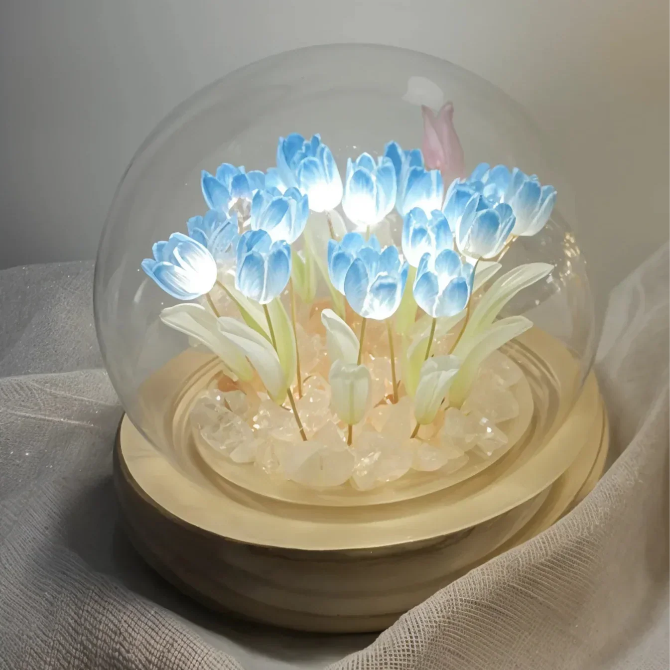 LED Tafellamp met Tulpen onder Glazen Stolp – Dimbaar Warm Wit Nachtlampje voor Slaapkamer en Woonkamer