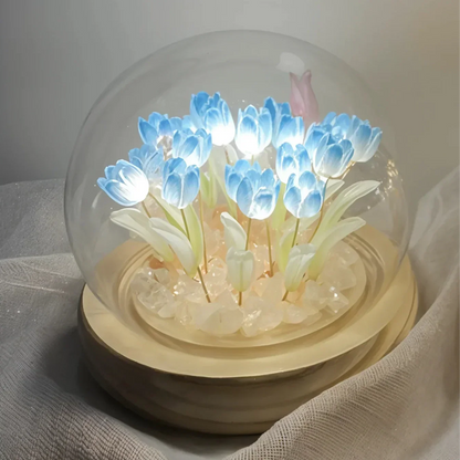 LED Tafellamp met Tulpen onder Glazen Stolp – Dimbaar Warm Wit Nachtlampje voor Slaapkamer en Woonkamer