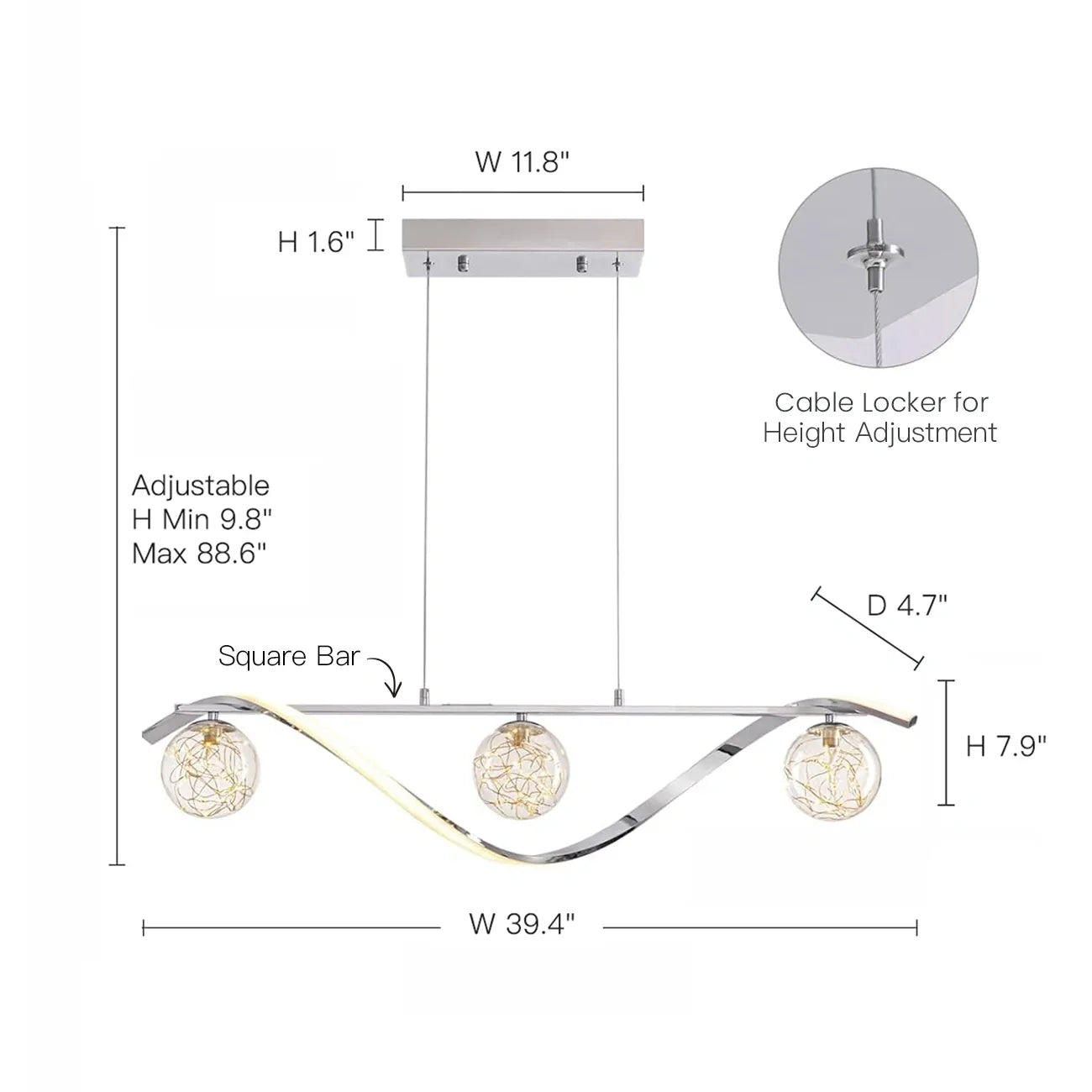 Hanglamp Lineair Glazen Bollen LED Strip Goud Chroom 100cm Eetkamer Keukeneiland Modern