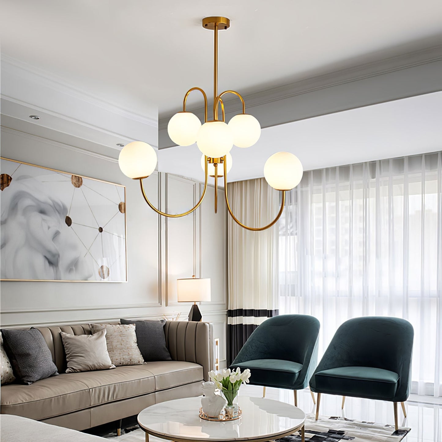 Zwanenhals Kroonluchter Ø76 cm – 8-Lichts Hanglamp met Glazen Bollen Goud/Zwart