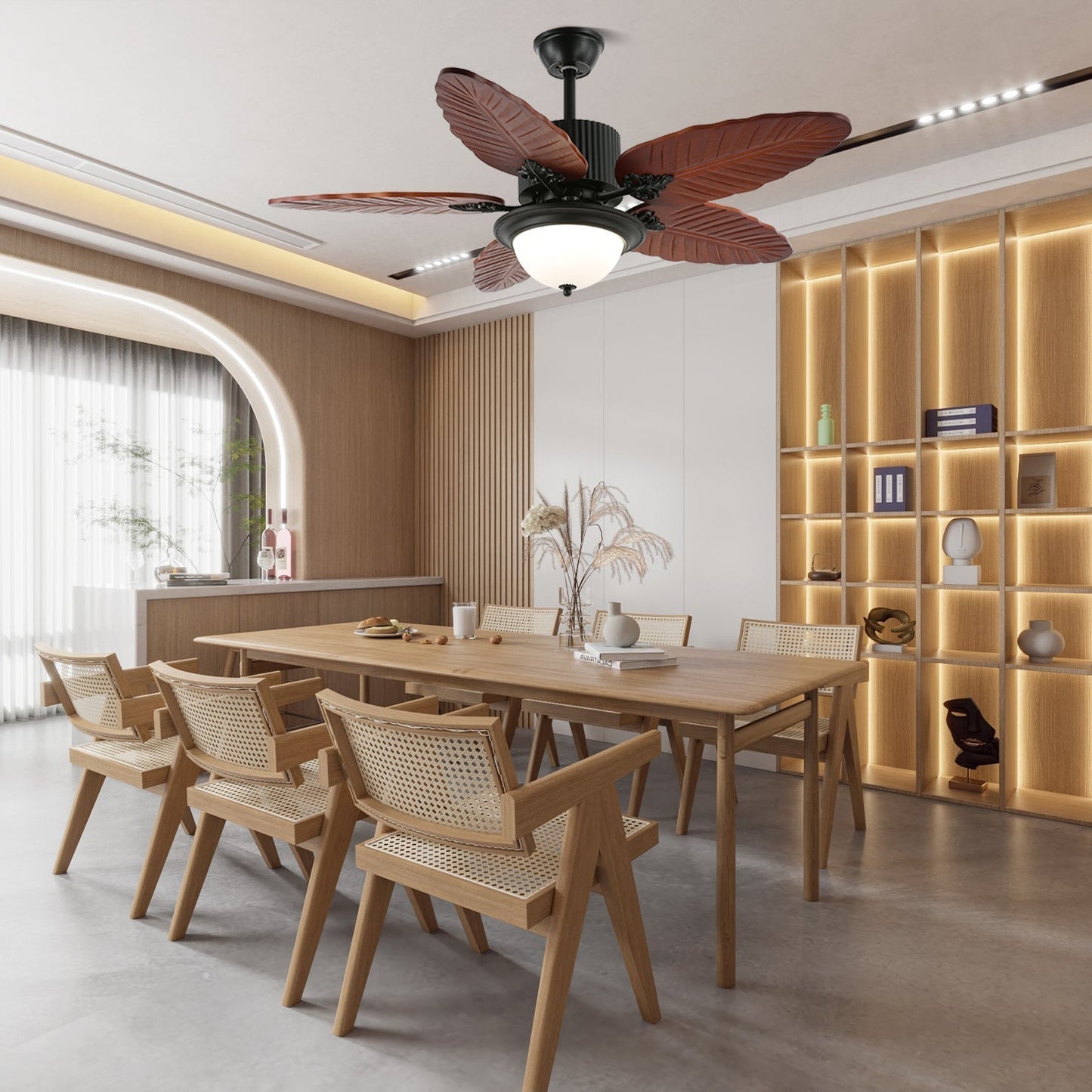 Tropische Plafondventilator met Verlichting en Afstandsbediening – Natuurlijk Design met Glazen Kap