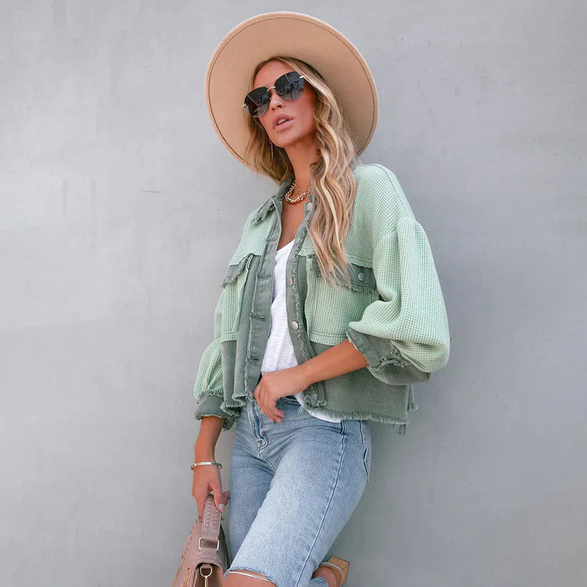 Korte Leren Jas Cropped Zoom Gerafelde Look