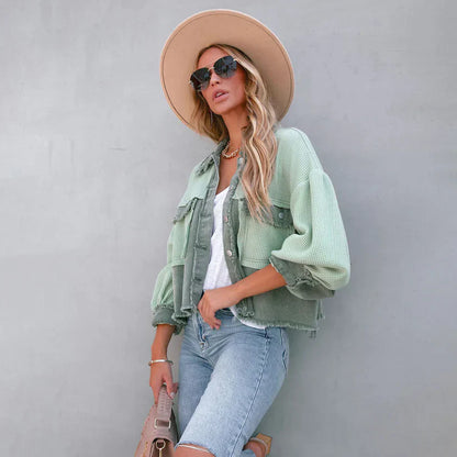 Korte Leren Jas Cropped Zoom Gerafelde Look