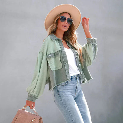 Korte Leren Jas Cropped Zoom Gerafelde Look