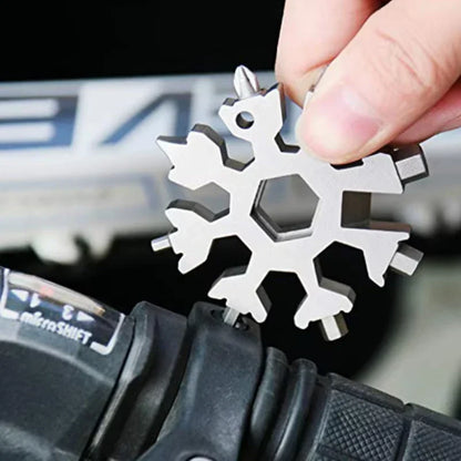 18-in-1 Sneeuwvlok Multitool in Compacte Sleutelhangerformaat met Moersleutels, Schroevendraaiers en Flesopener