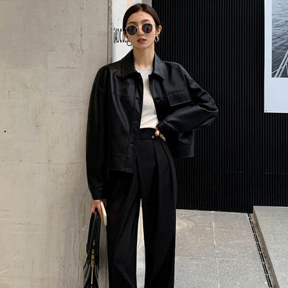 Lange Leren Jas Vrouwelijke Stijl Coat
