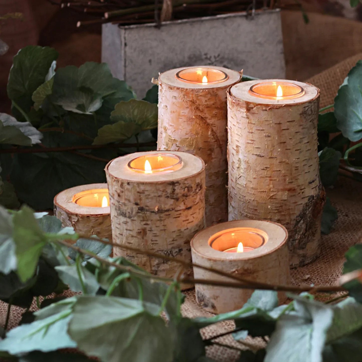 Kaarsenhouder van Berkenhout met Glazen Inzet Scandinavisch Natuurlijke Tafeldecoratie Rustieke Sfeerverlichting Handgemaakte Kandelaar