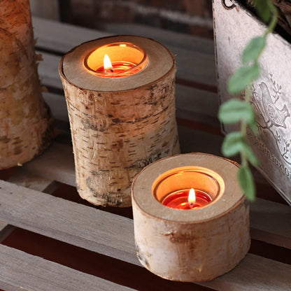 Kaarsenhouder van Berkenhout met Glazen Inzet Scandinavisch Natuurlijke Tafeldecoratie Rustieke Sfeerverlichting Handgemaakte Kandelaar