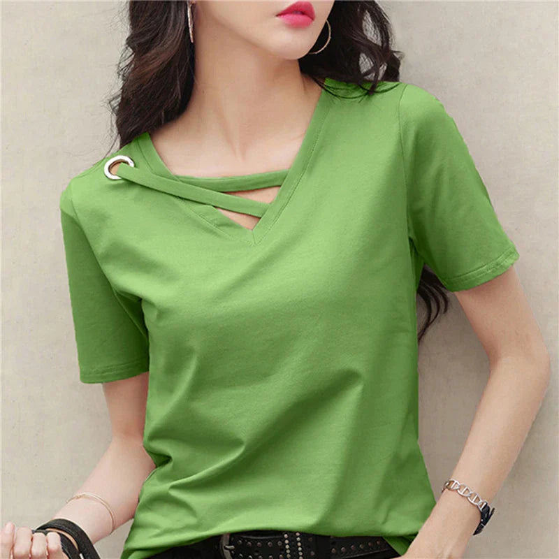 Vrouwen T-Shirt Zomer Losse Fit V-Hals