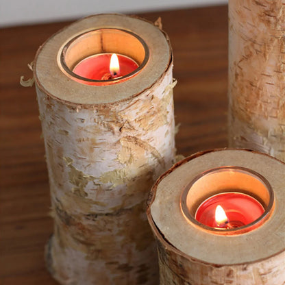 Kaarsenhouder van Berkenhout met Glazen Inzet Scandinavisch Natuurlijke Tafeldecoratie Rustieke Sfeerverlichting Handgemaakte Kandelaar