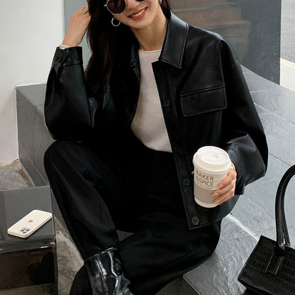Lange Leren Jas Vrouwelijke Stijl Coat