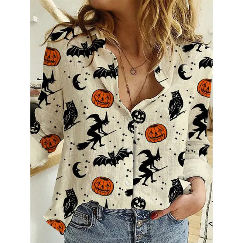 Halloween Blouse Vrouw Spookachtig Zwarte Bloemendesign