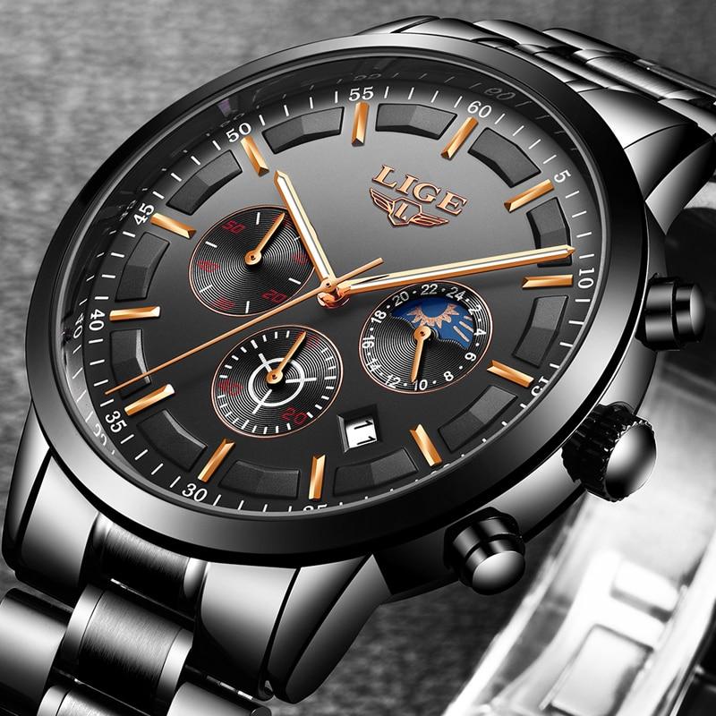 Stalen Herenhorloge Zwart – Elegant Design met Datum & Dag/Nacht – Waterdicht 30M