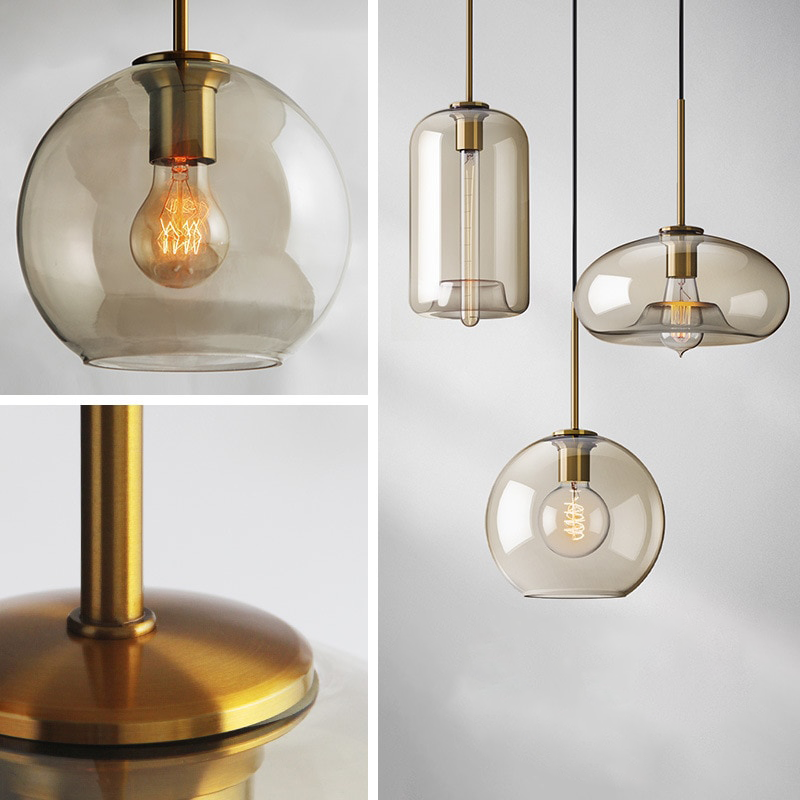 Glazen Hanglamp met Cognackleurige Kap – Stijlvolle Eetkamerverlichting in Verschillende Vormen
