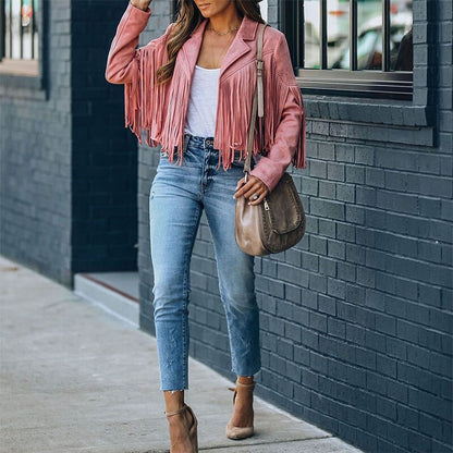 Dames Suède Jas met Franjes Boho Chic Stijl