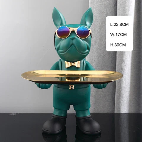 Franse Bulldog Butler Decoratief Beeld Staand Zwart Groen Hars Woonkamer Decoratieve Hondenfiguur Interieur